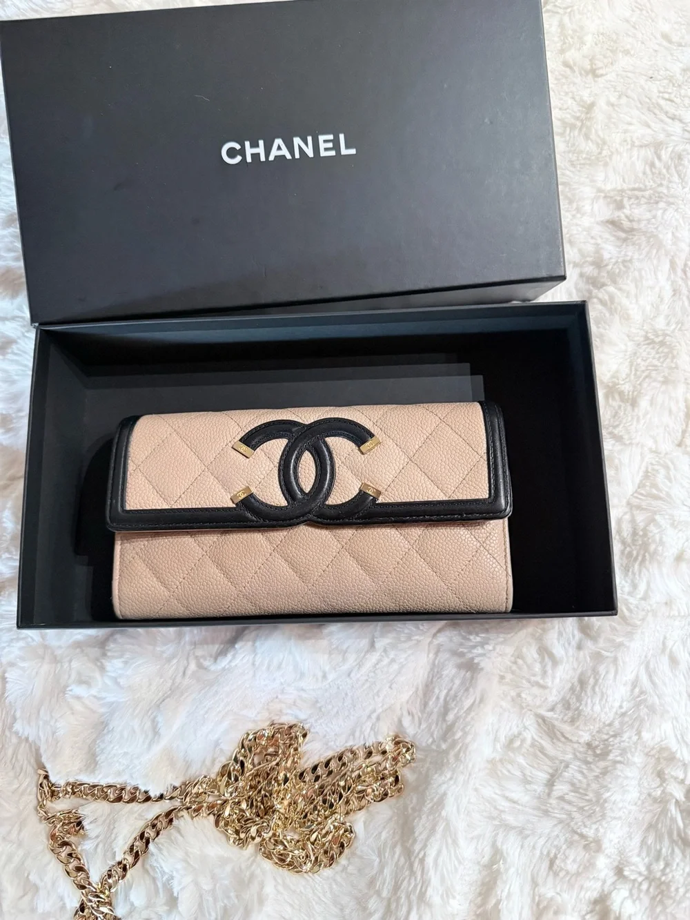 CHANEL Filigree Beige Quilted Leather Wallet with Black Trim and Gold Accents